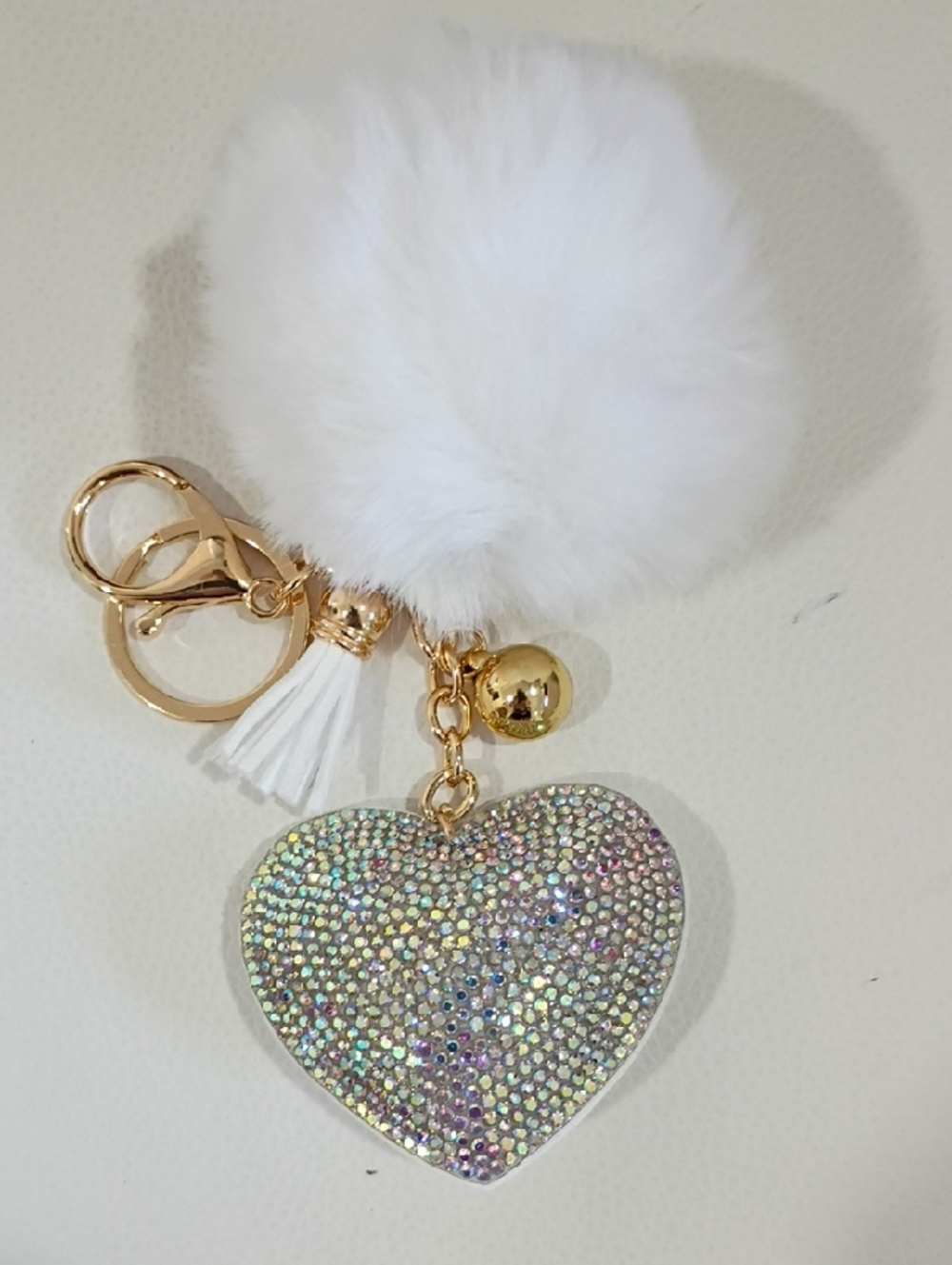 Sparkling White Pom Heart Bag Charm /Keychain - Fashion Accessory